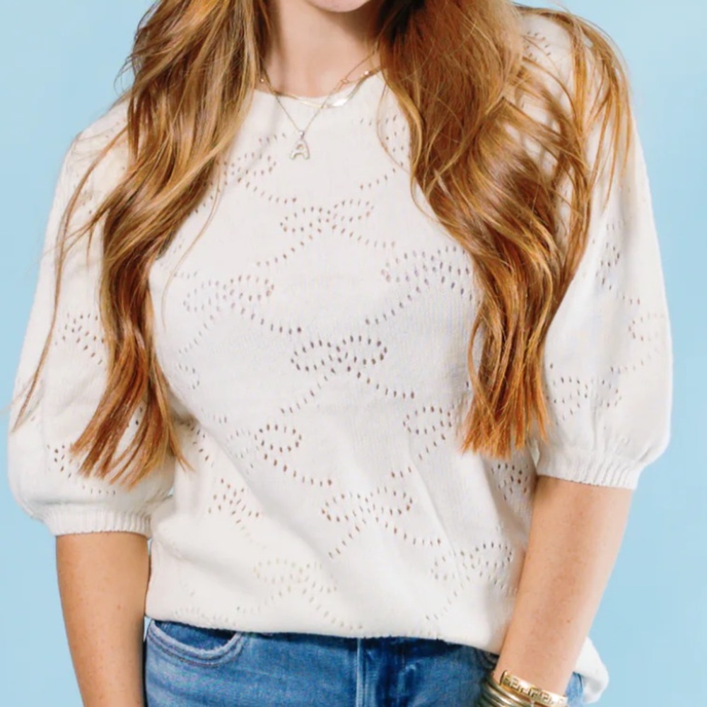 NEW Umgee Eyelet “Everything Bow” Knit Sweater Puff Sleeve Size Small